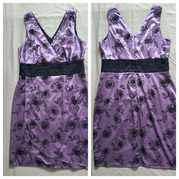 RICKI'S Empire Waist Lilac Crossover Cocktail Dress w/Velvet Floral Print - Picture 3 of 11